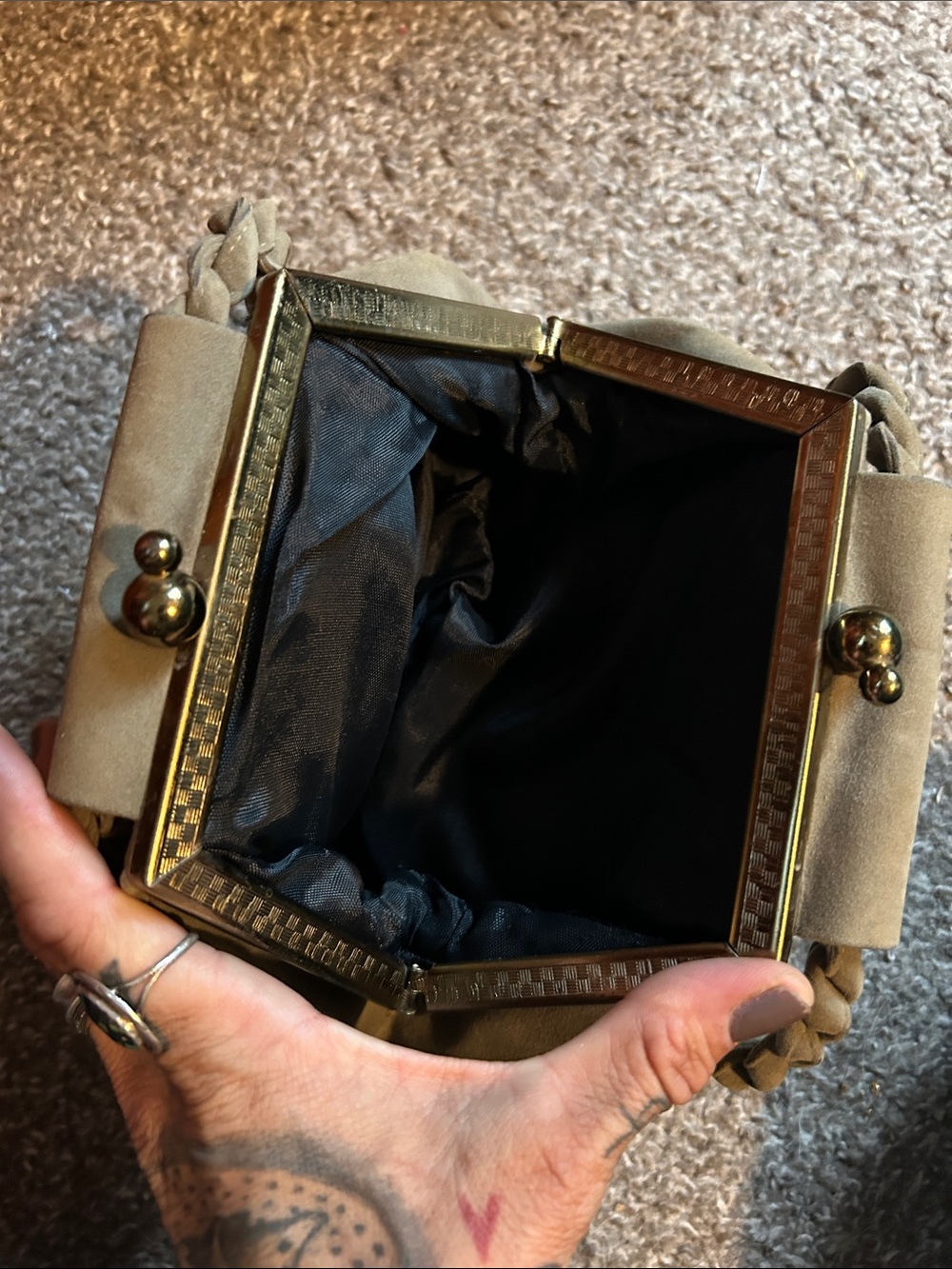 Vintage Olive Suede Mini wristlet Bag with Braided Strap - Picture 2 of 4